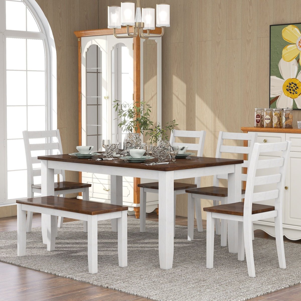 6 Piece Dining Set With 4 Upholstered Chairs & Bench - Walnut - 6 Piece Dining Room Sets available at Alpine Outlets in Denver