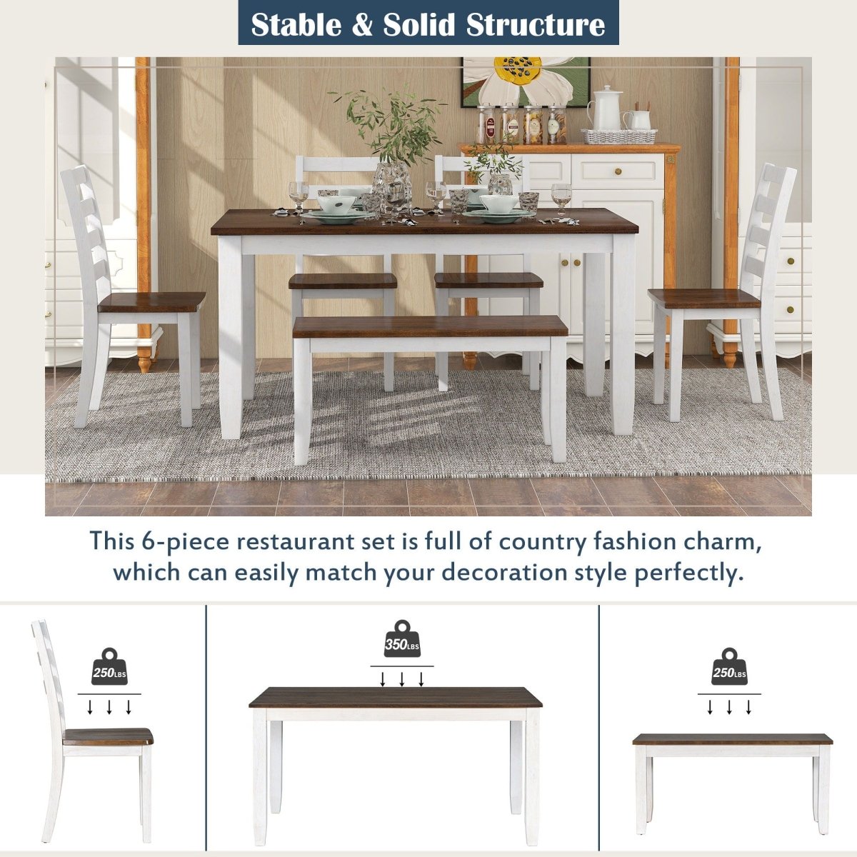 6 Piece Dining Set With 4 Upholstered Chairs & Bench - Walnut - 6 Piece Dining Room Sets available at Alpine Outlets in Denver