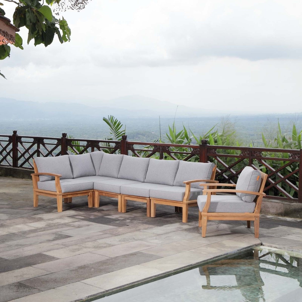 65" 6-Piece Natural Teak Outdoor Sectional Sofa Set with Gray Cushions - Outdoor - Alpine Outlets