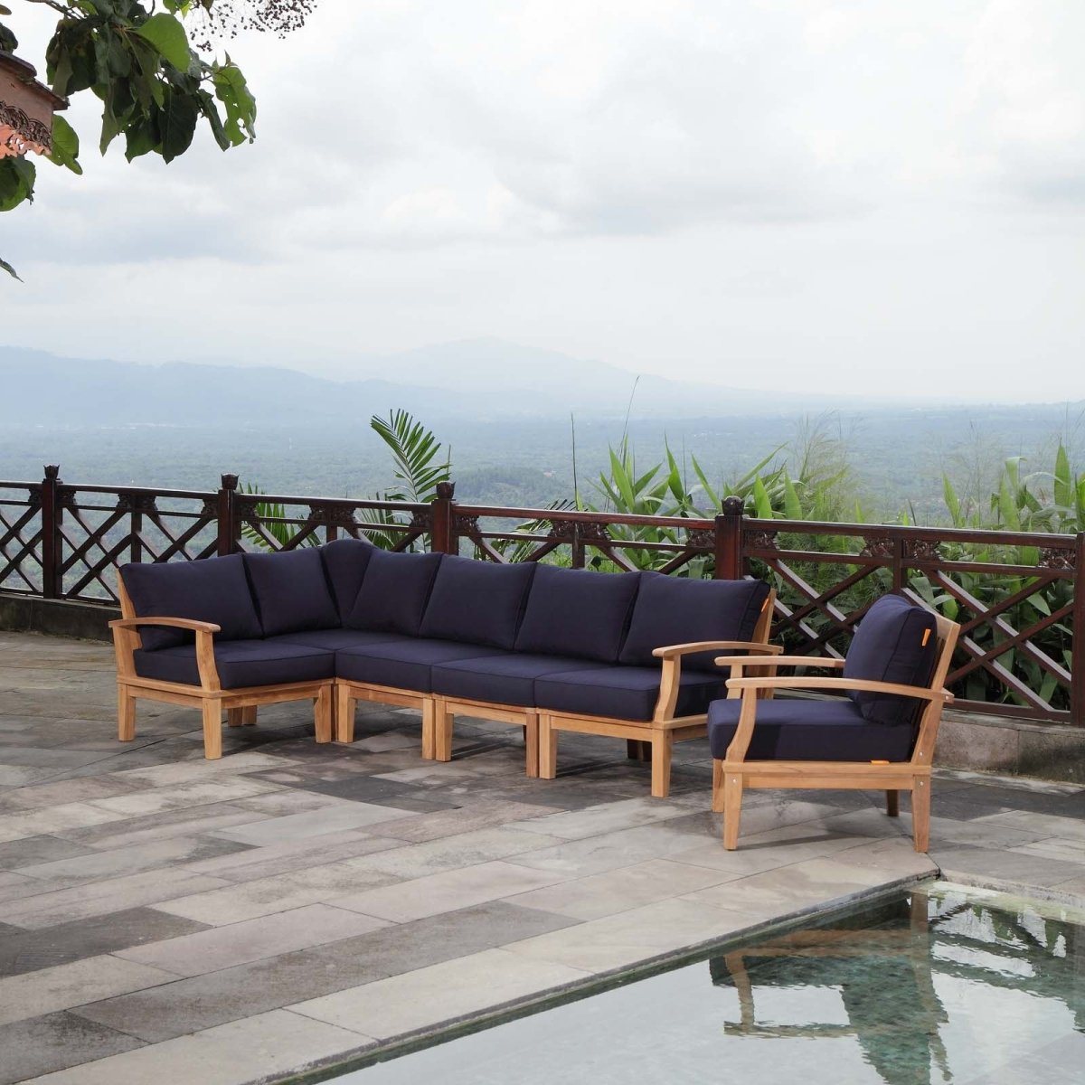 65" 6-Piece Natural Teak Outdoor Sectional Sofa Set with Navy Cushions - Outdoor - Alpine Outlets