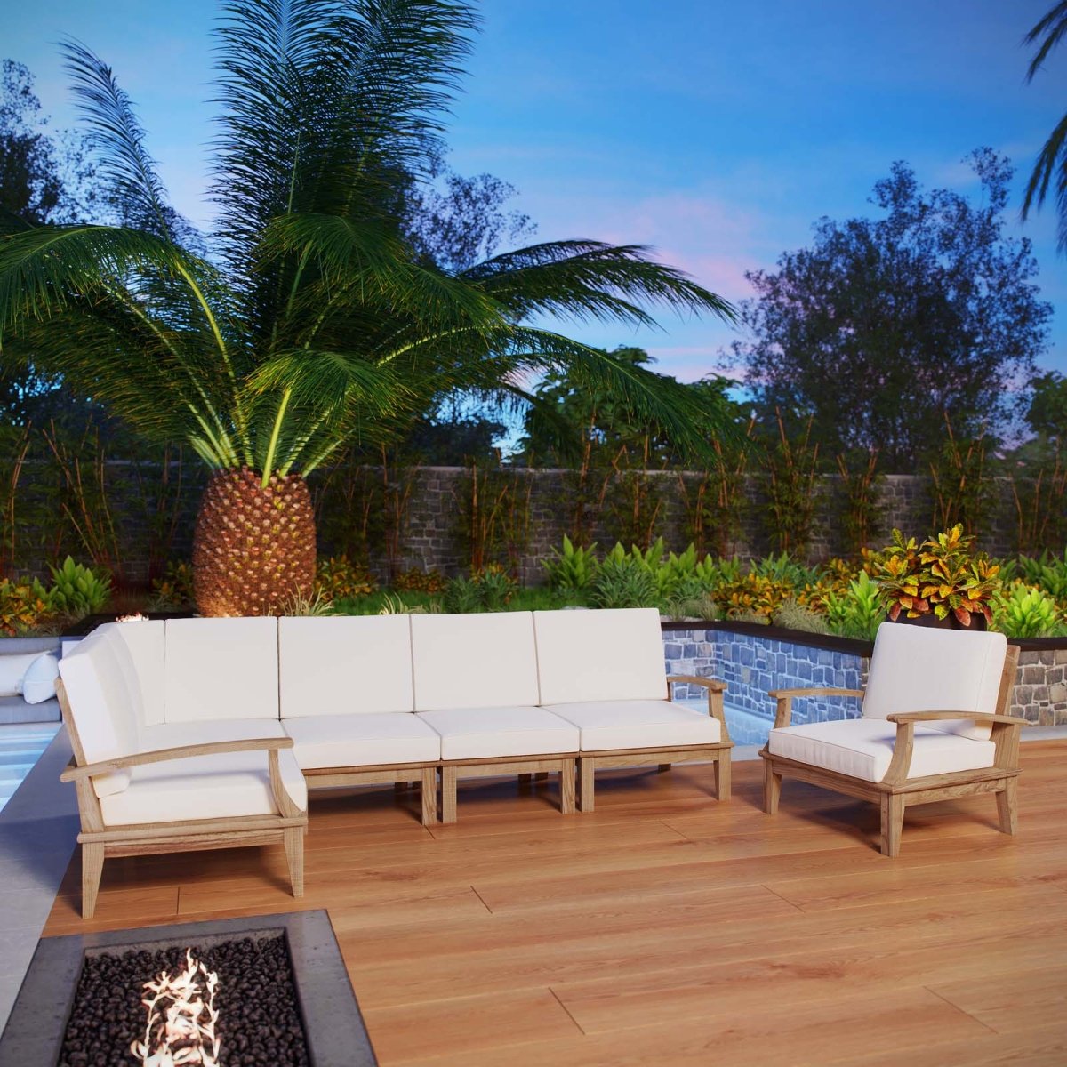 65" 6-Piece Natural Teak Outdoor Sectional Sofa Set with White Cushions - Outdoor - Alpine Outlets