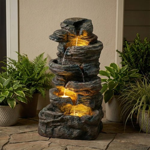 6 - Tier Outdoor Cascading Stone Water Fountain with 3 LED Lights - 🟢 Outdoor Decor available at Alpine Outlets in Denver