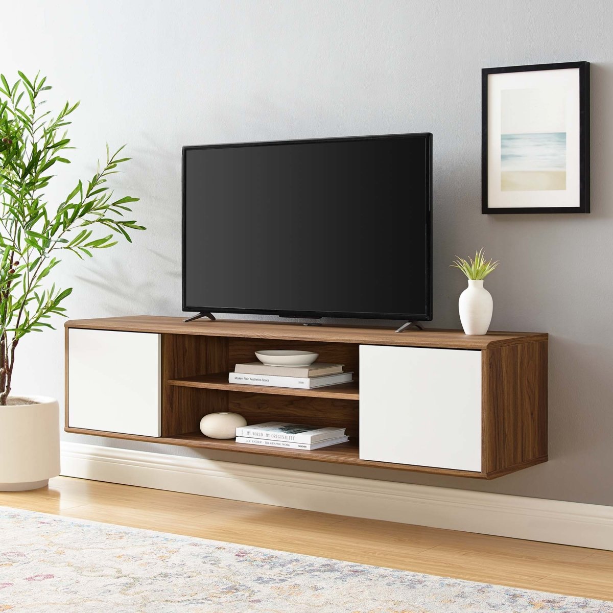 60 Inch Elegant Wall - Mounted TV Stand in Walnut White - TV Stands available at Alpine Outlets in Denver