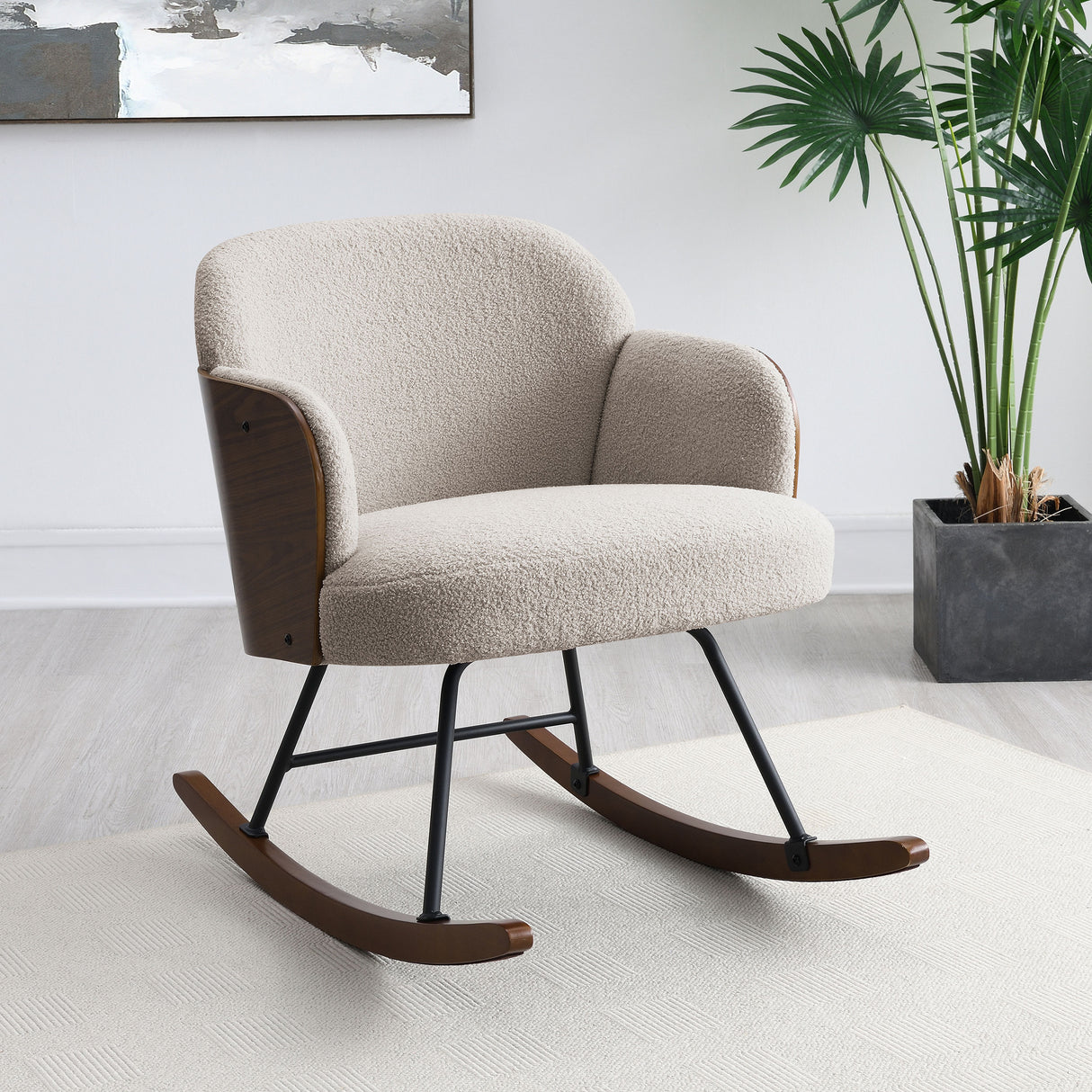 Paige Boucle Upholstered Mid Back Rocking Chair, Beige