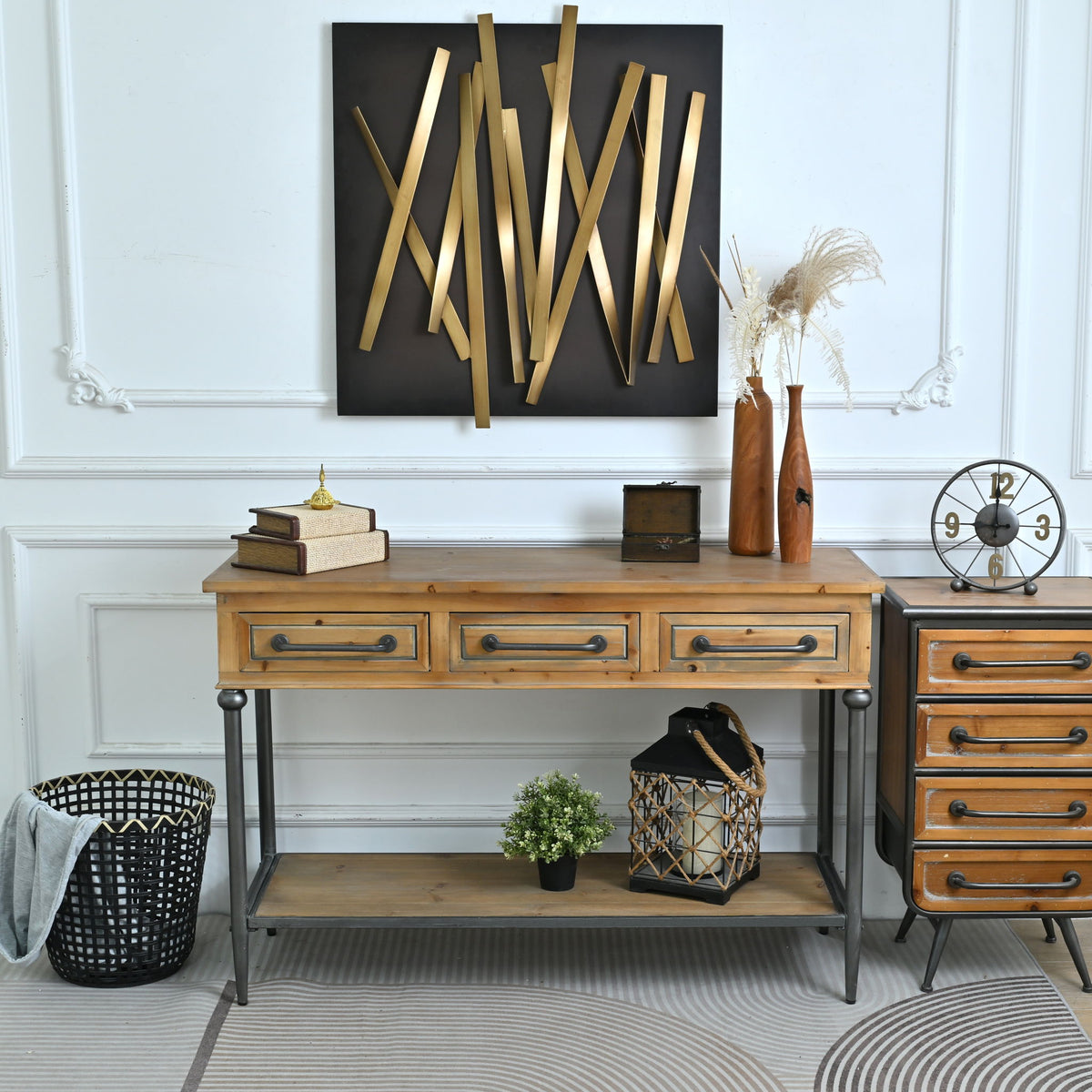Accent Storage Console Table With Open Shelf And 3 Drawers For Living Room - Natural Wood / Brown