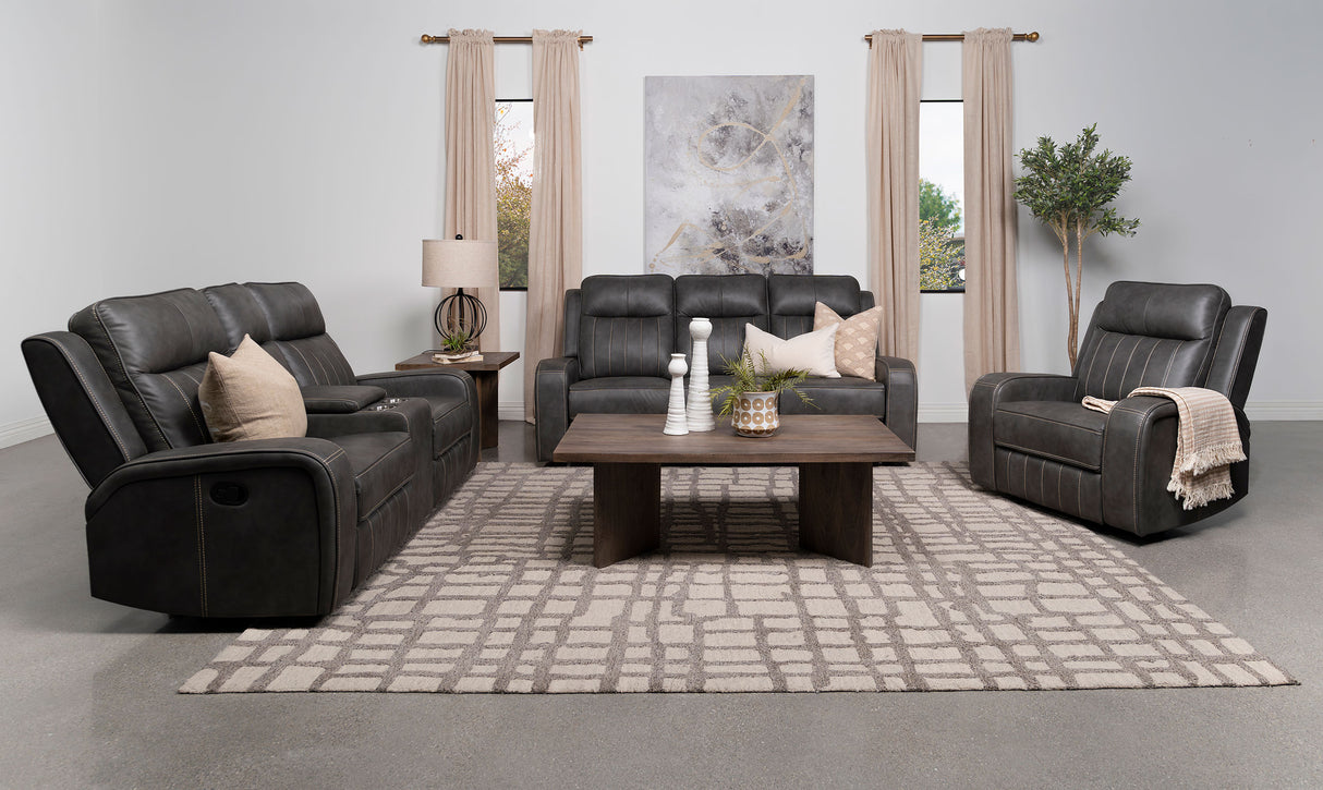 Raelynn Upholstered Track Arm Motion Sofa in Grey