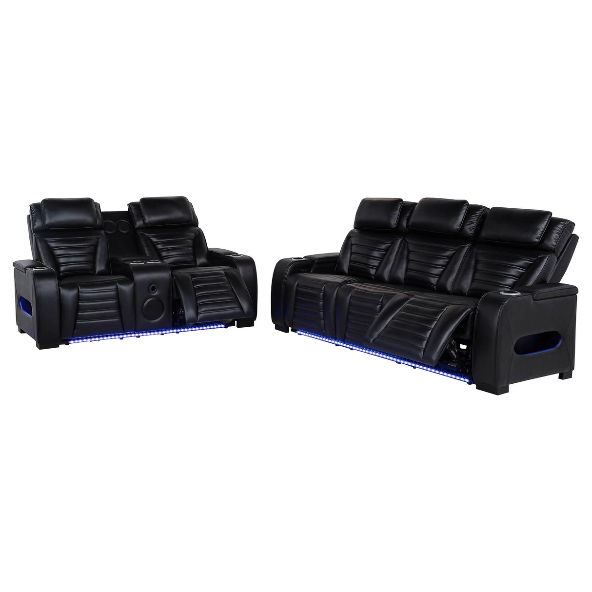 Zuma 2-Piece Faux Leather Dual Power LED Sofa Set, Black