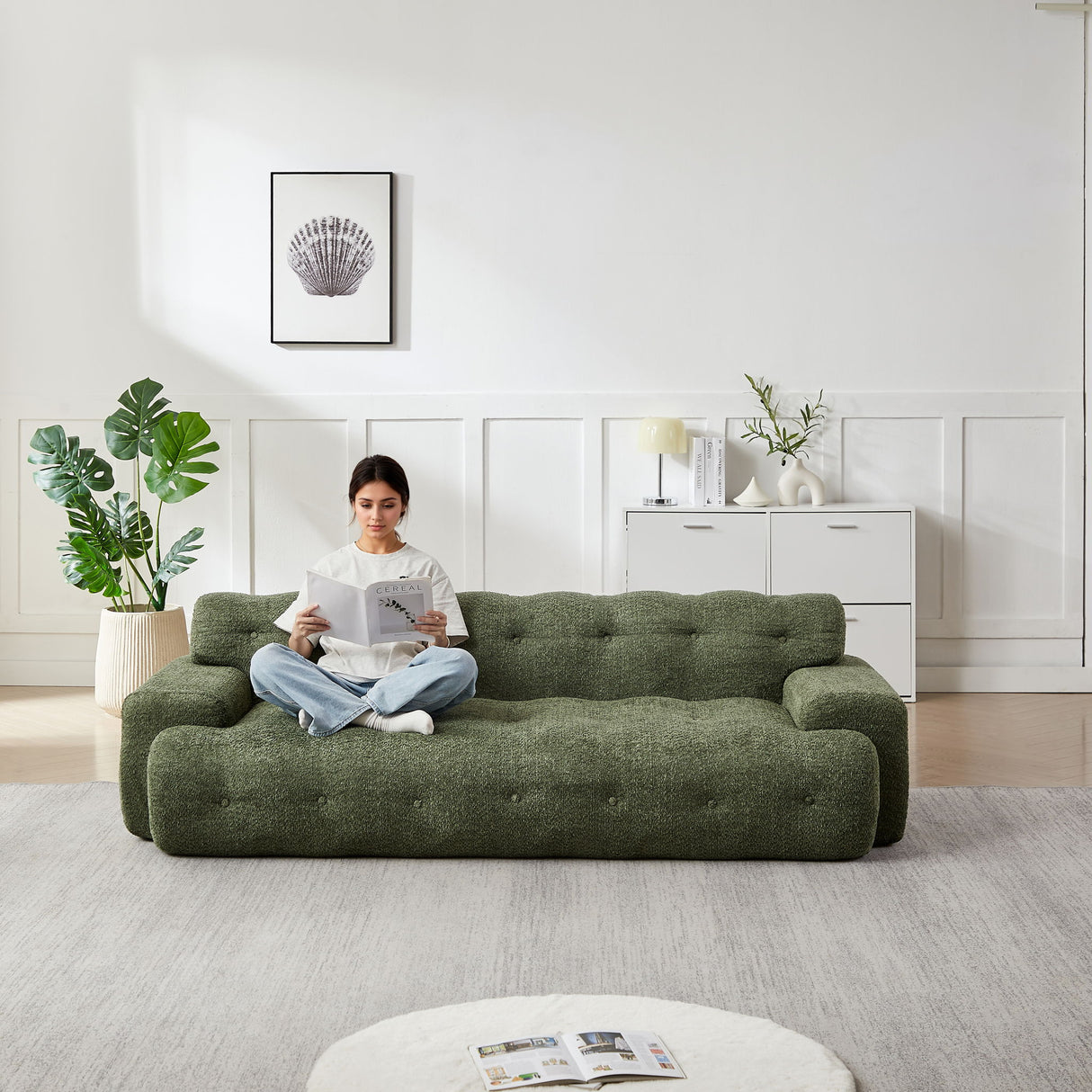 Cloud Series Minimalist Button Tufted Square Arm 3 Seater Sofa