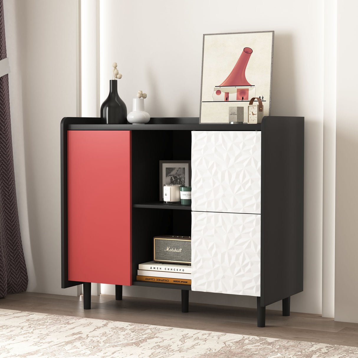 Sideboard Buffet Cabinet with Unique Panel Styling Wood Storage Drawers