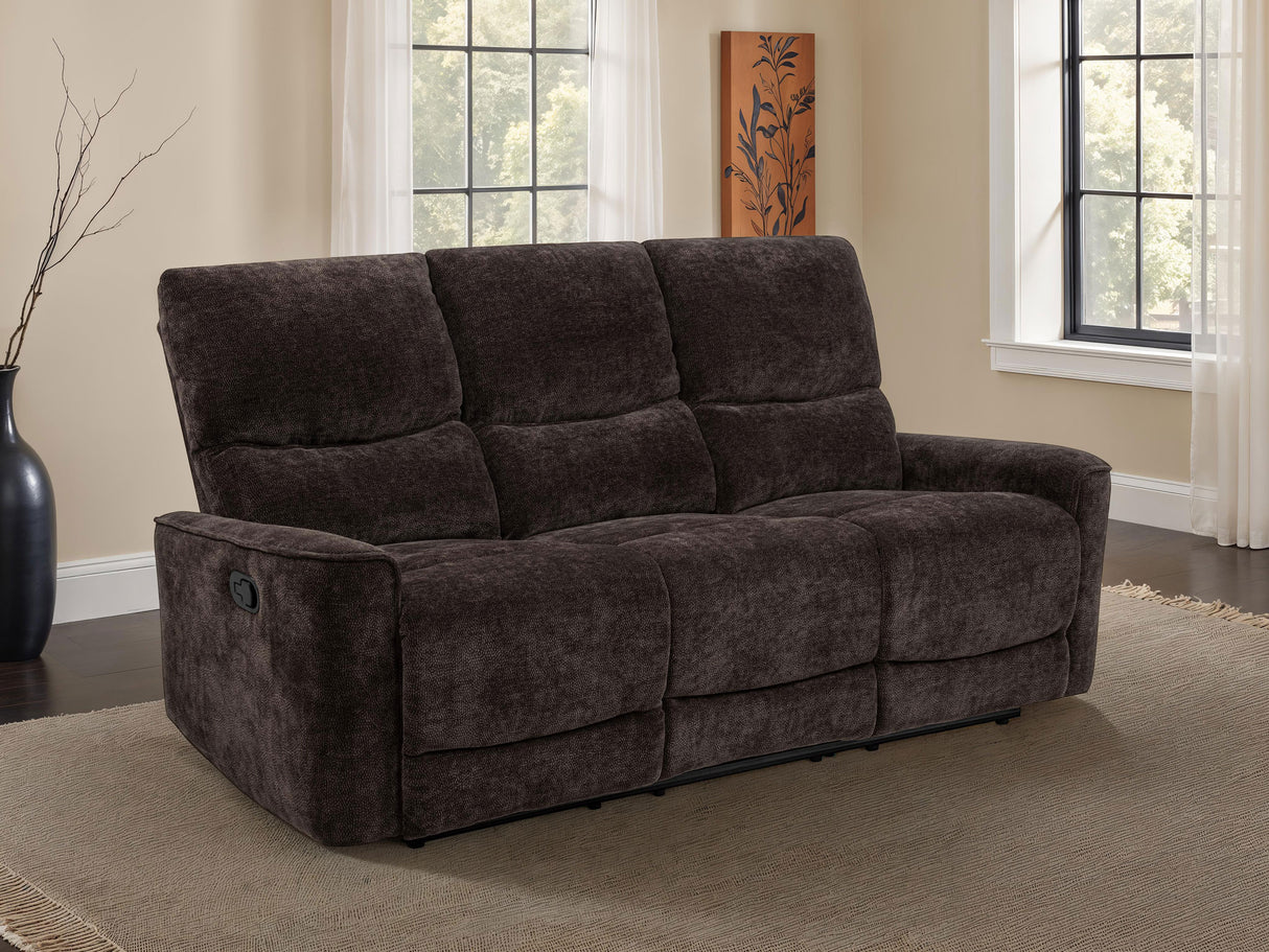 Navarro Chenille Upholstered Reclining Sofa in Dark Brown