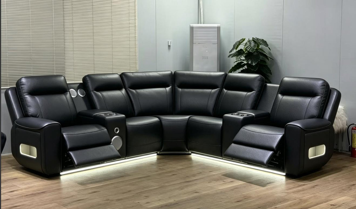 Black Leatherette Power Reclining Sectional Loveseat Set
