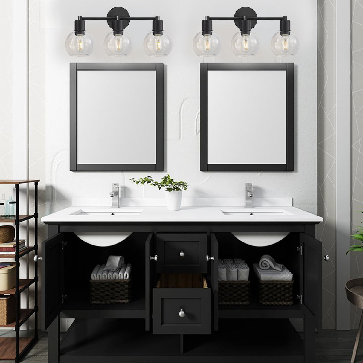 3 Light Globe Bathroom Vanity Light With Clear Glass Shades - Black