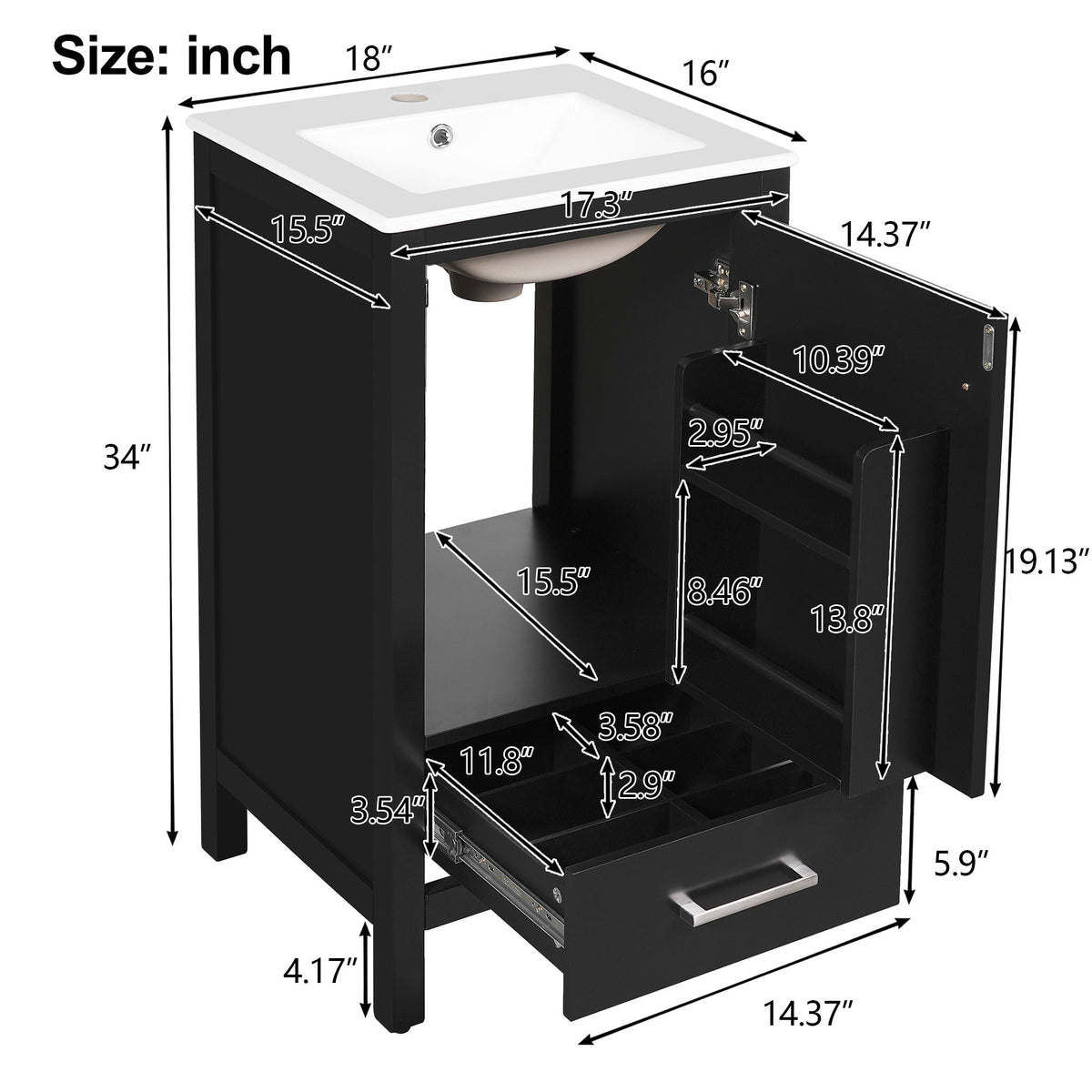 Bathroom Vanity With Ceramic Sink, Soft Close Drawers, Door Organizer, Divider Drawer, Adjustable Foot Pads