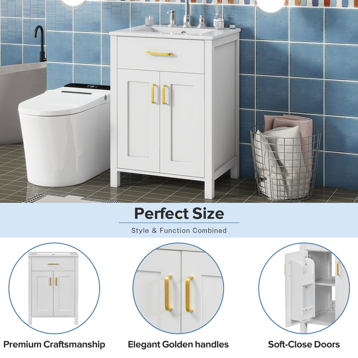 Modern Bathroom Vanity With Ceramic Sink, Soft-Close Doors, Flip Drawer, U-Shaped Shelves, Elegant Storage Solution
