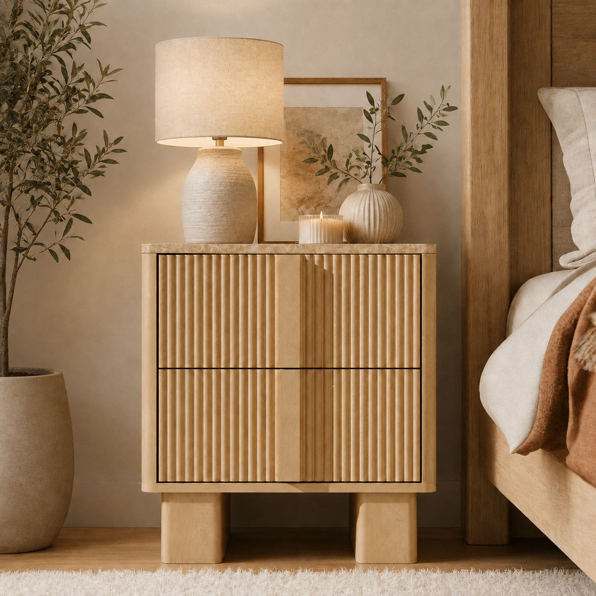 Nightstand With Charging Station And 2 Storage Drawers
