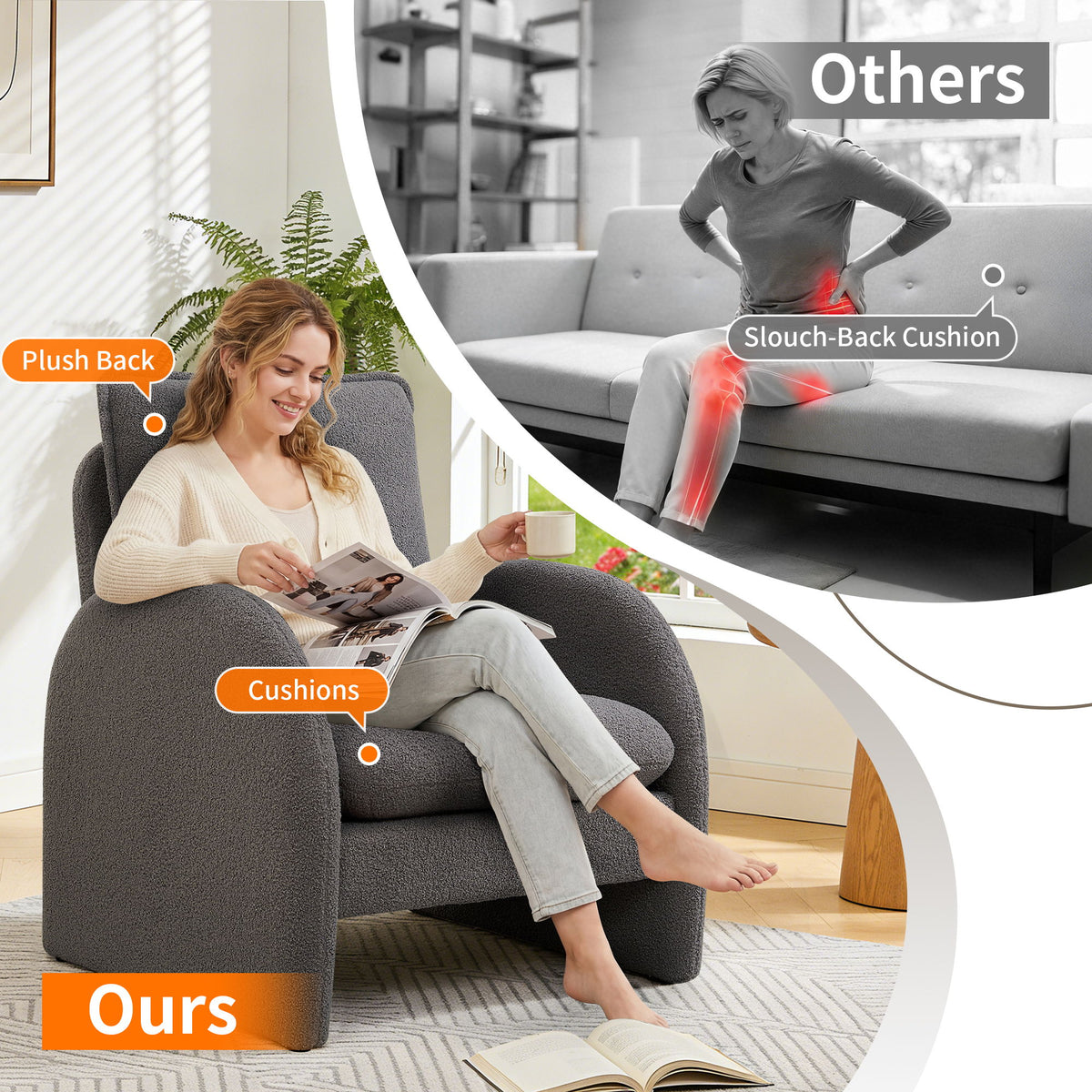 Modern Sherpa Upholstered Accent Chair, Comfortable Living Room Armchair, Lounge Chair For Bedroom, And Office - Gray