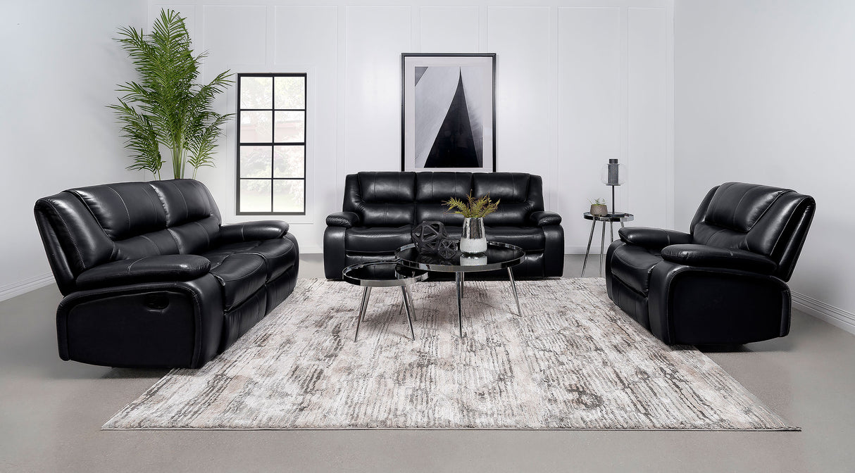 Camila Upholstered Motion Reclining Loveseat in Black