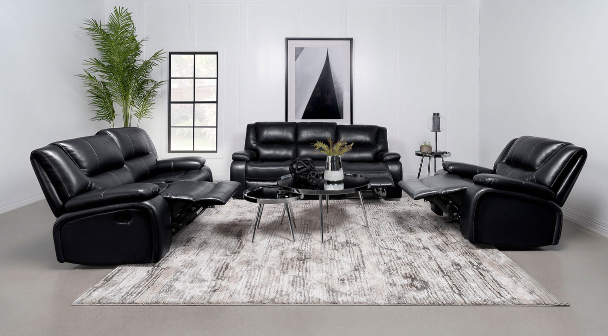 Camila Upholstered Motion Reclining Loveseat in Black