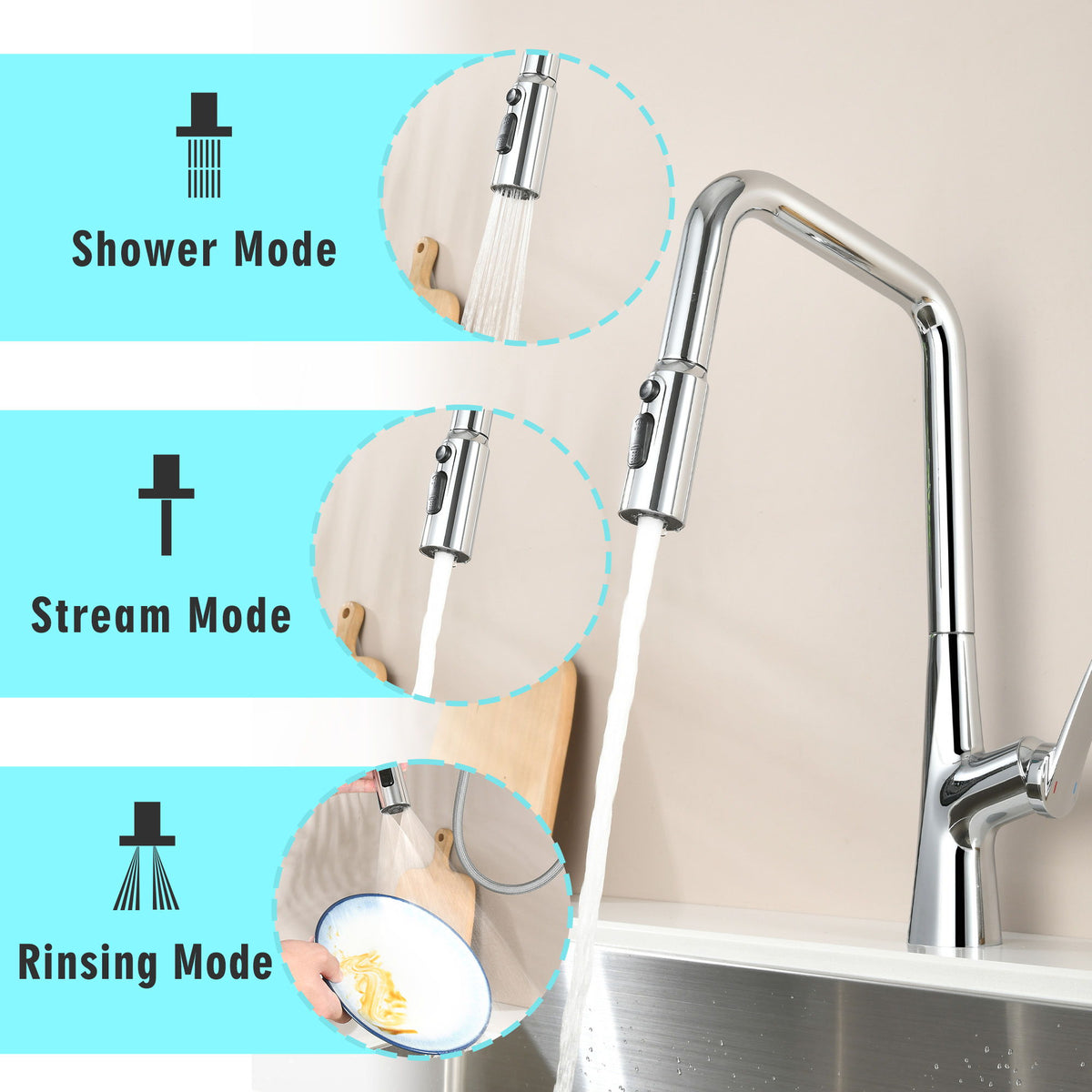 Professional Kitchen Faucet With 3 Function 360 Sprayer And 1 Touch Switching