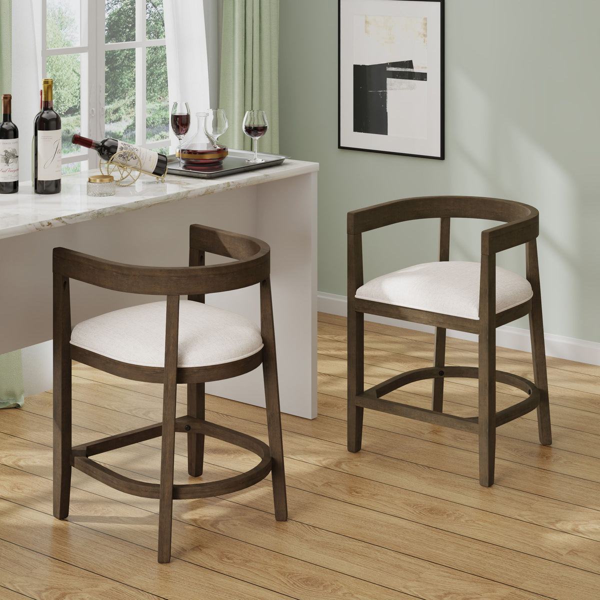 Modern Rubberwood Counter Stool Set With Upholstered Seats