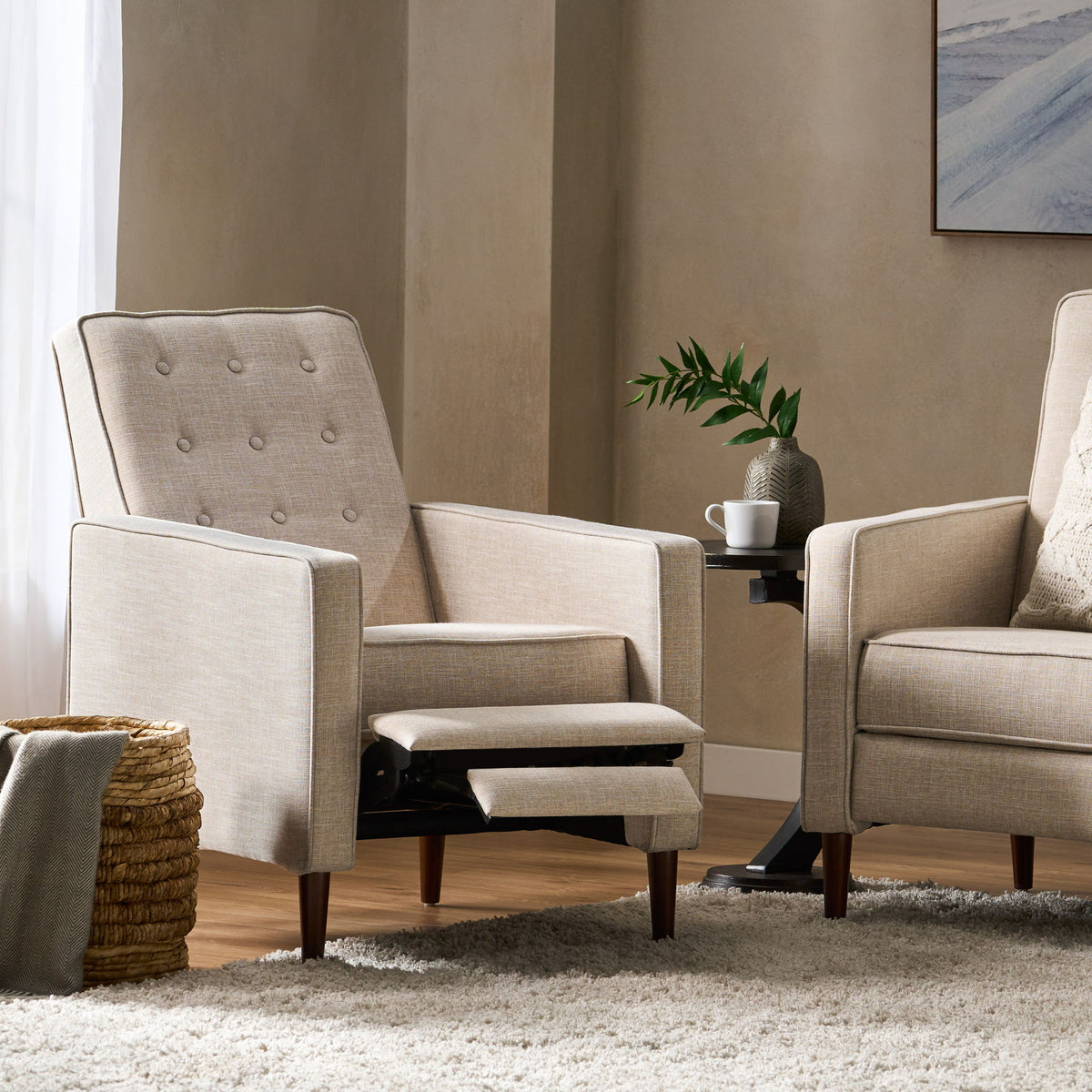Mid-Century Modern Recliner With Button Tufted Waffle Stitch