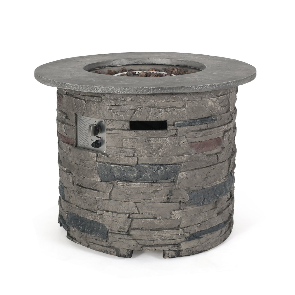 Transitional Outdoor 32" Round Propane Fire Pit Table, Lightweight Concrete Construction - Stone Gray