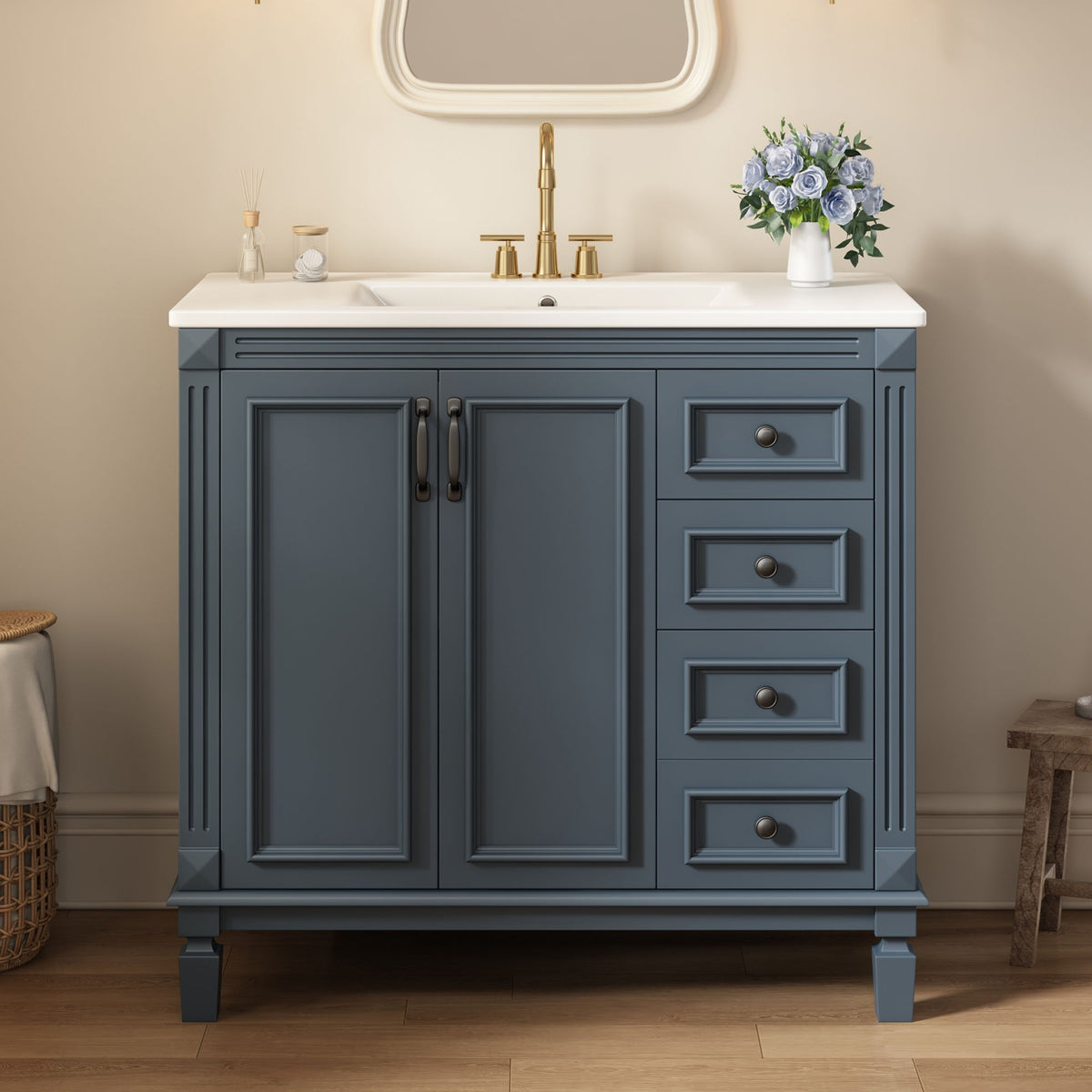 Bathroom Vanity With Sink And Storage, 2 Drawers, 1 Deep Drawer, Adjustable Shelf - Blue