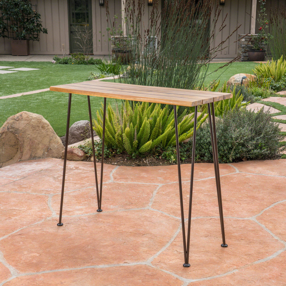 Outdoor Bar Table With Wood Tabletop And Iron Hairpin Legs - Black / Teak