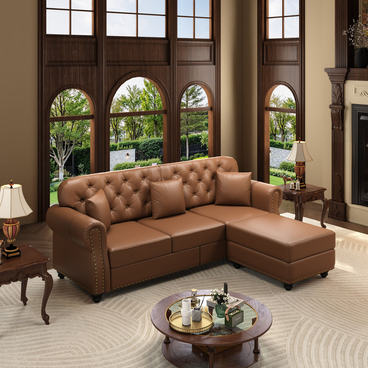 Upholstered Sofa With Nailhead Trim, Rolled Armrests With Ottoman