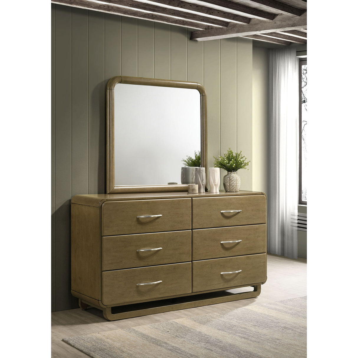 Bernardo - 6 Drawer Dresser And Mirror With Rounded Corners - Nutmeg Brown