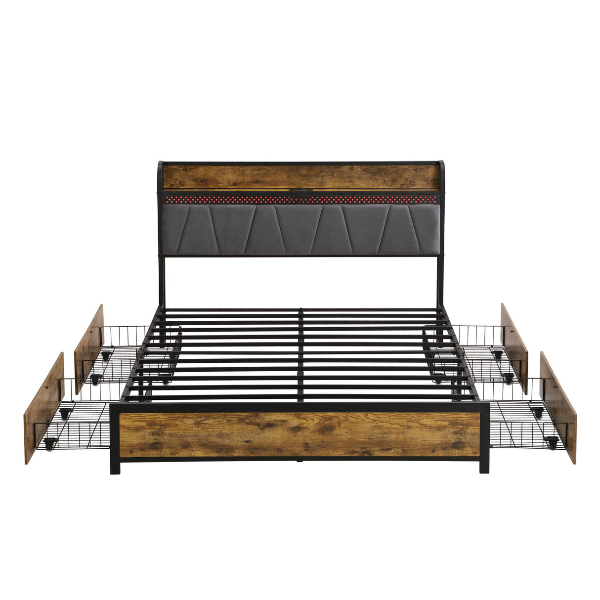 Modern Bed Frame With LED Lights, Upholstered Headboard, USB Charging