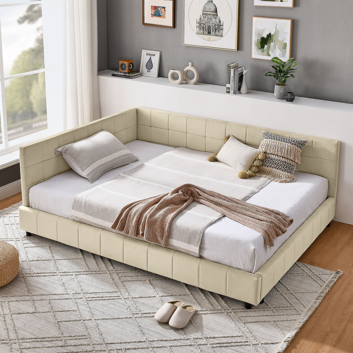 Upholstered Storage Tufted Bed Frame With Backrest And Armrests