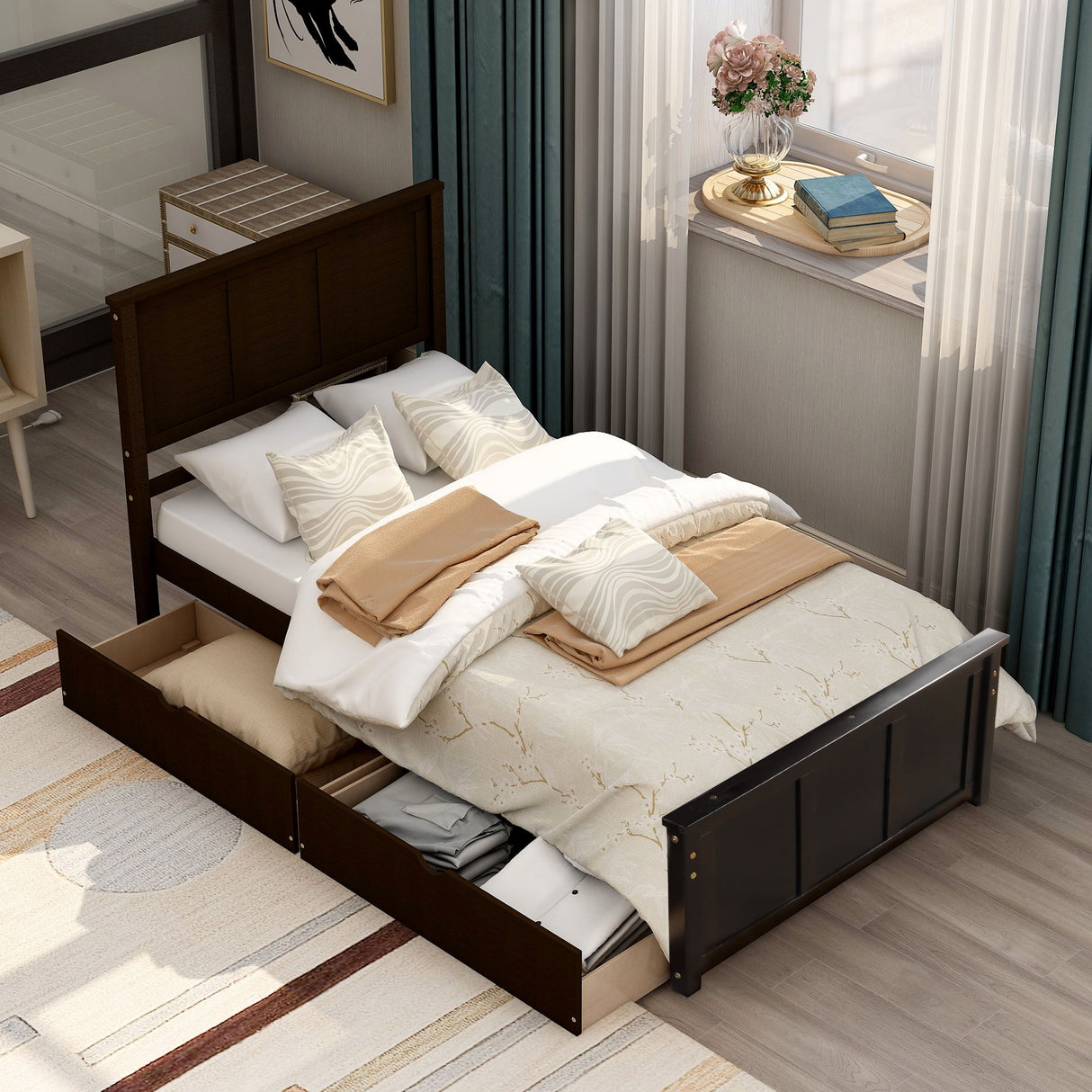 Platform Storage Bed With 2 Wheel Base Drawers