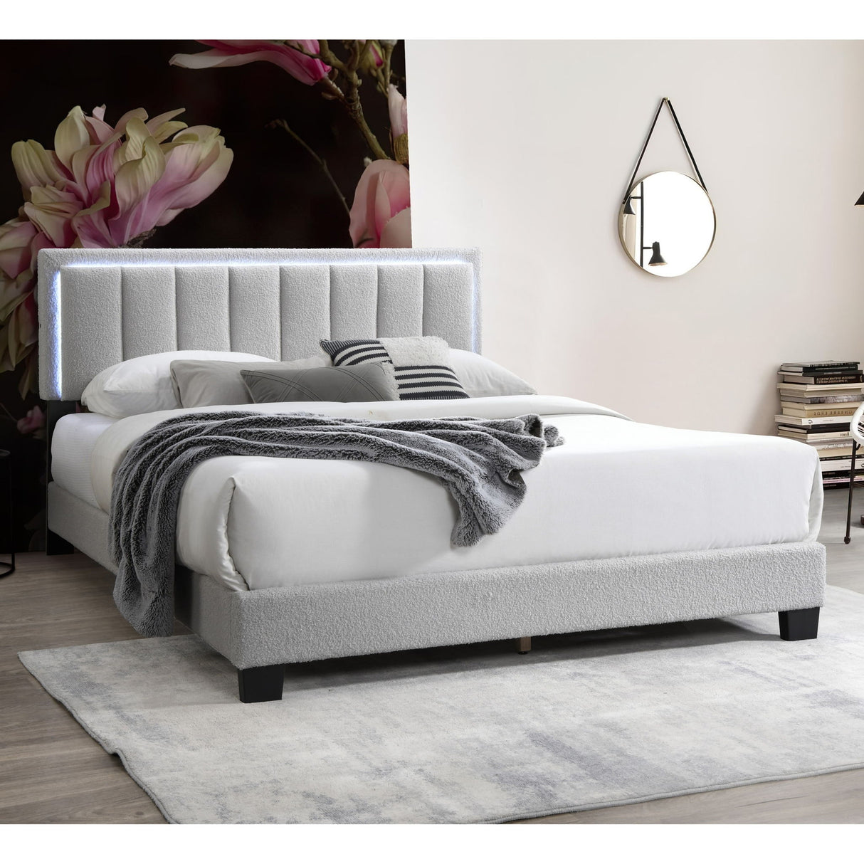 Queen Upholstered Bed With LED - Light Gray