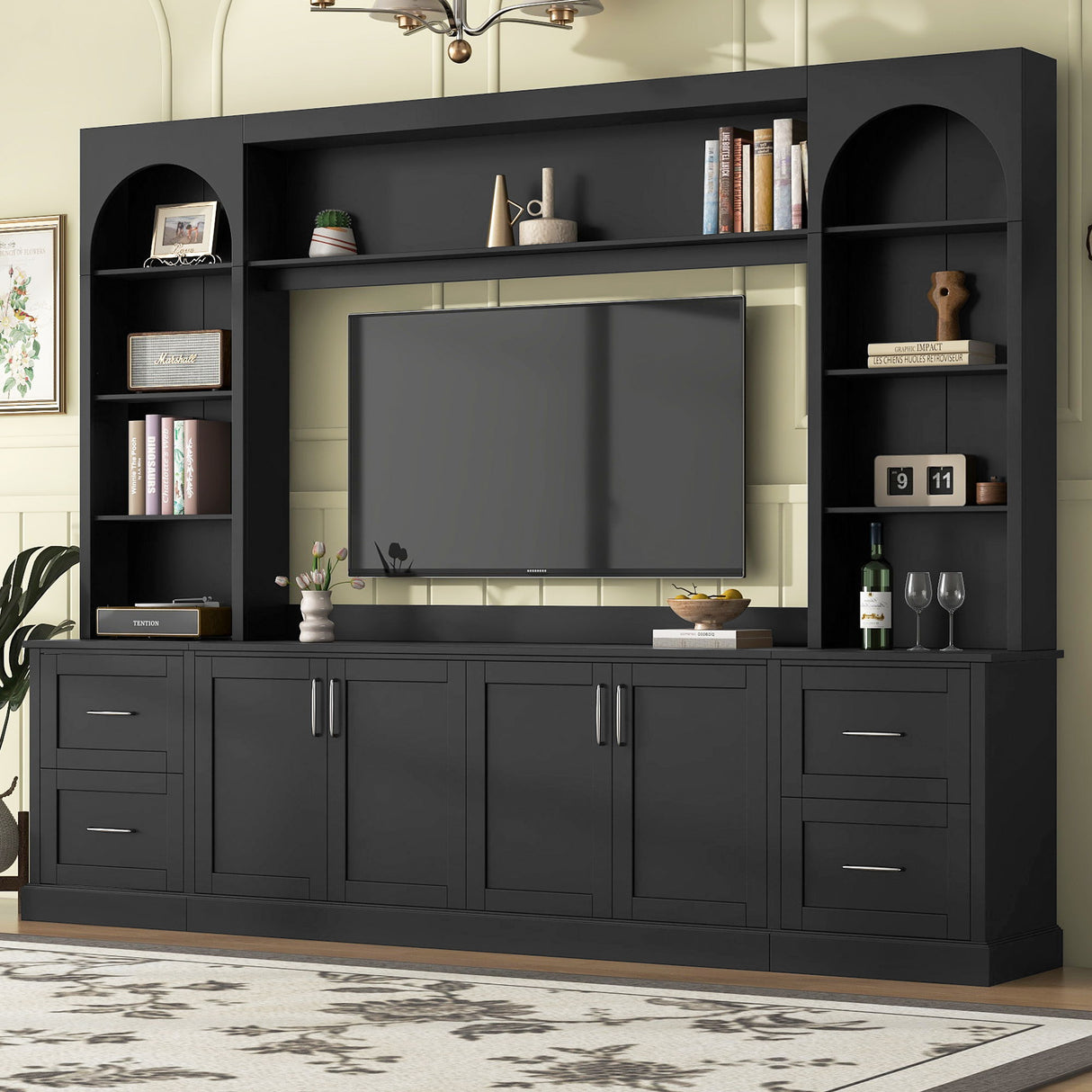 Arched Entertainment Center Wall Unit With Drawers, TV Stand