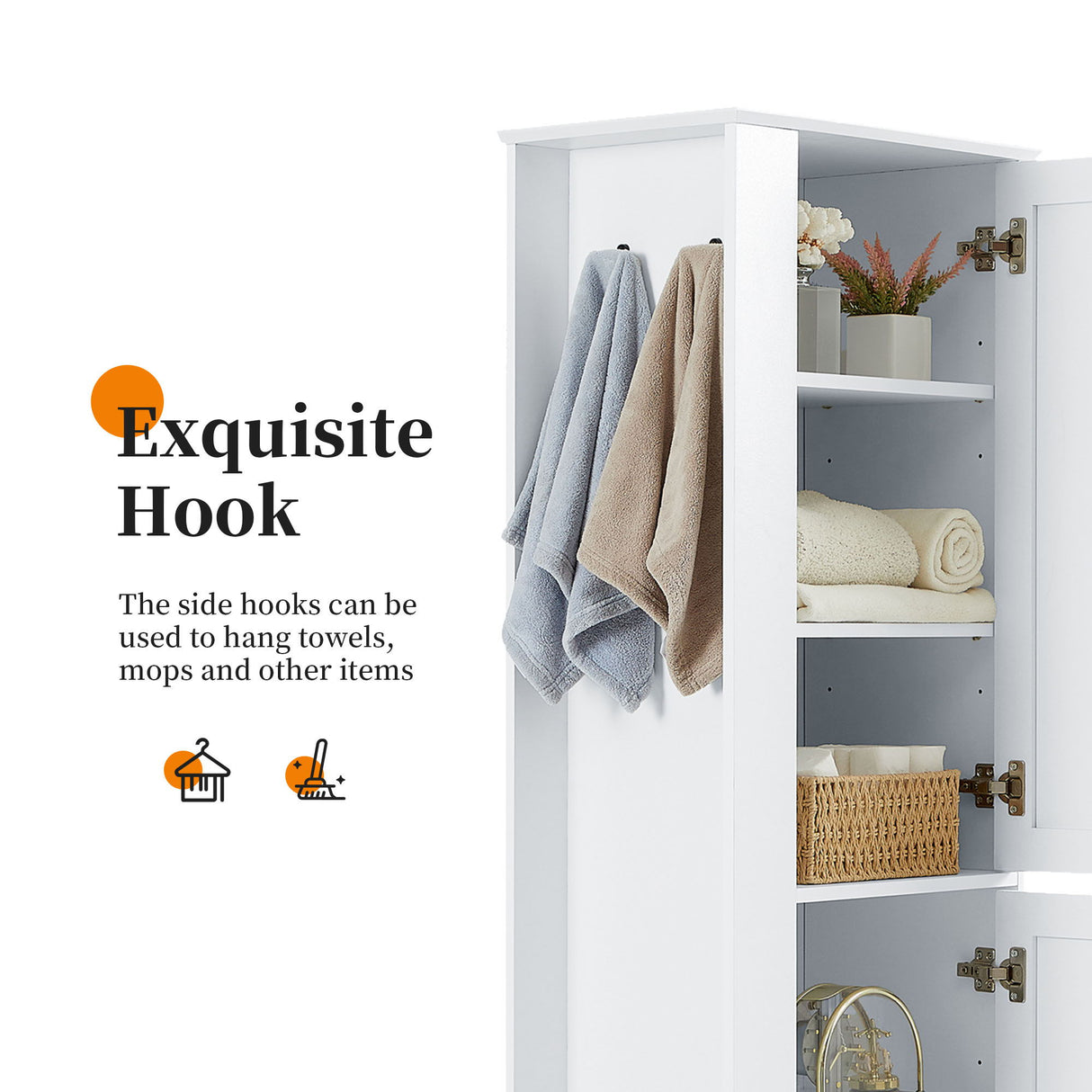 Tall Freestanding Bathroom Storage Cabinet With Adjustable Shelves And Side Hooks