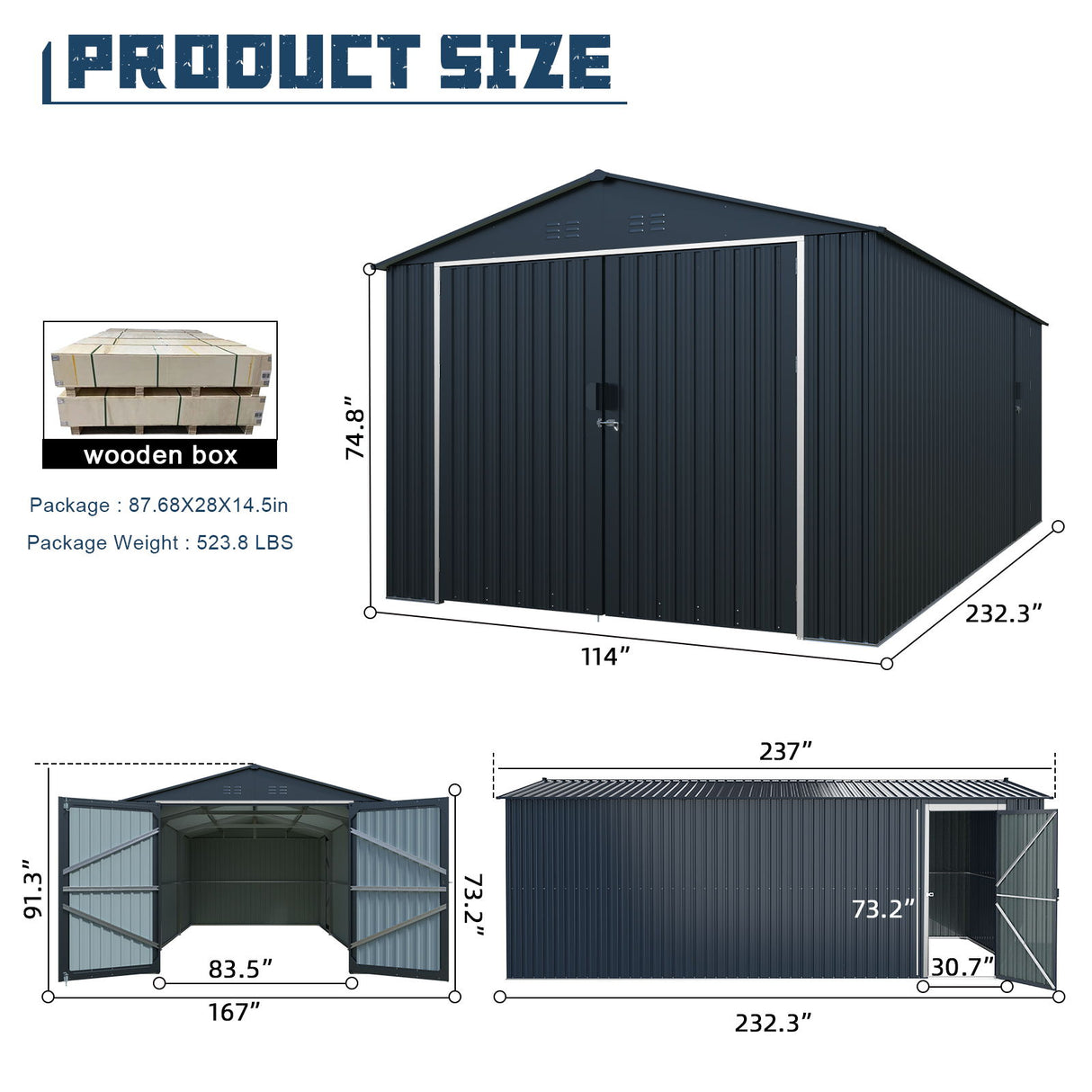 Outdoor Storage Shed Metal Garage Building Heavy Duty Utility House Black