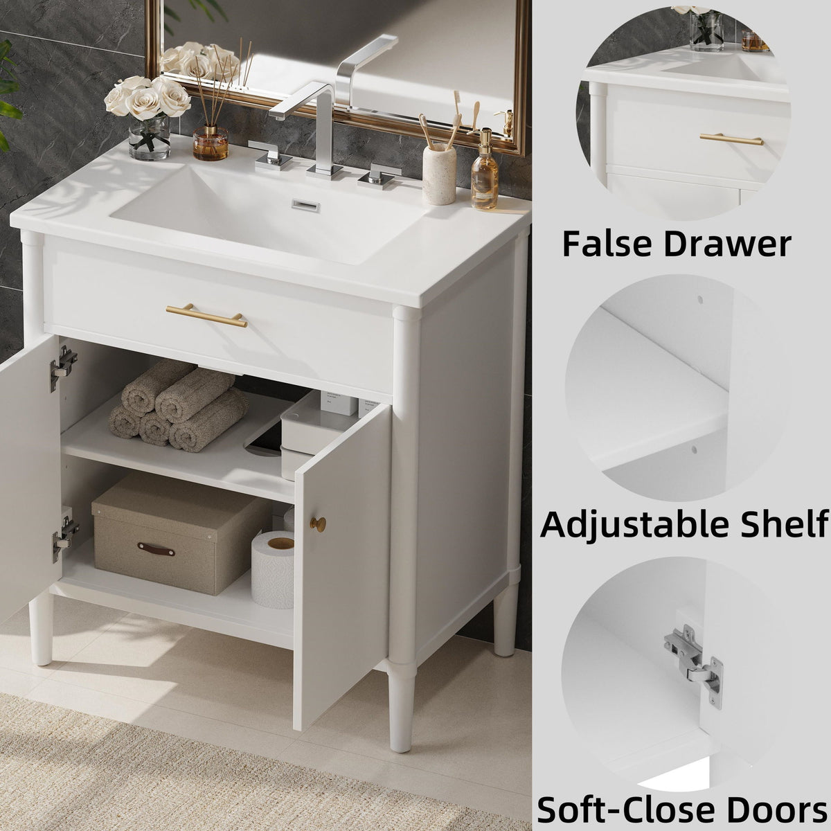 Bathroom Vanity With Sink, Soft Close Doors And Adjustable Shelf