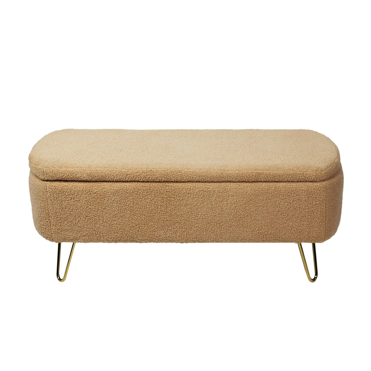 Storage Ottoman Bench For End Of Bed Gold Legs, Modern Camel Faux Fur Entryway Bench Upholstered Padded With Storage For Living Room Bedroom - Camel