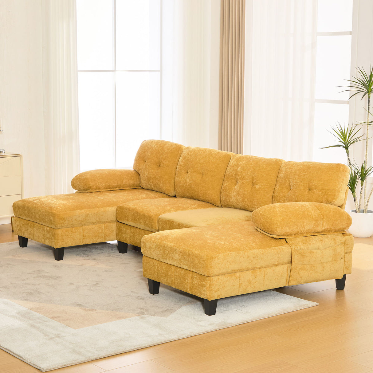 U-Shaped Sectional Sofa 103.5" Fabric Couch With Dual Chaise Lounges, Storage Pockets, Armrest Pillows