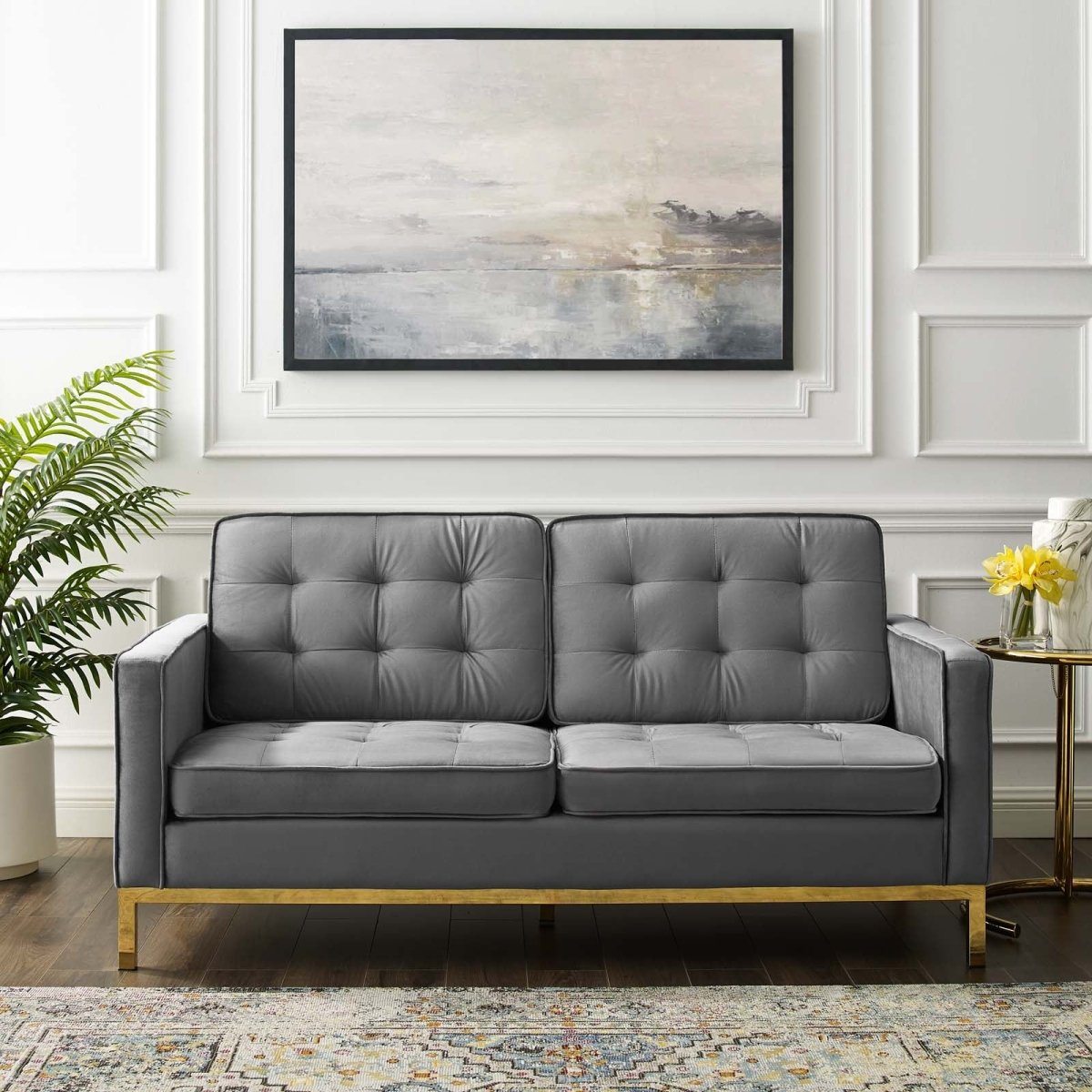63 Inch Linear Performance Velvet Loveseat with Gold Stainless Steel Legs - Loveseats available at Alpine Outlets in Denver