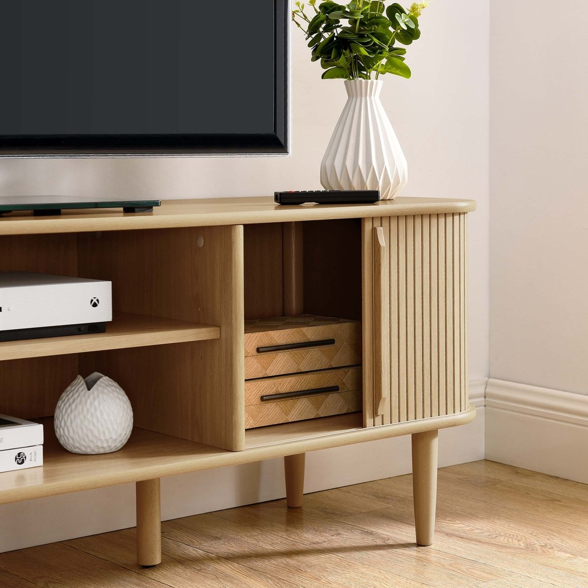 63 Inch Mid - Century Curved Beadboard TV Stand - TV Stands available at Alpine Outlets in Denver