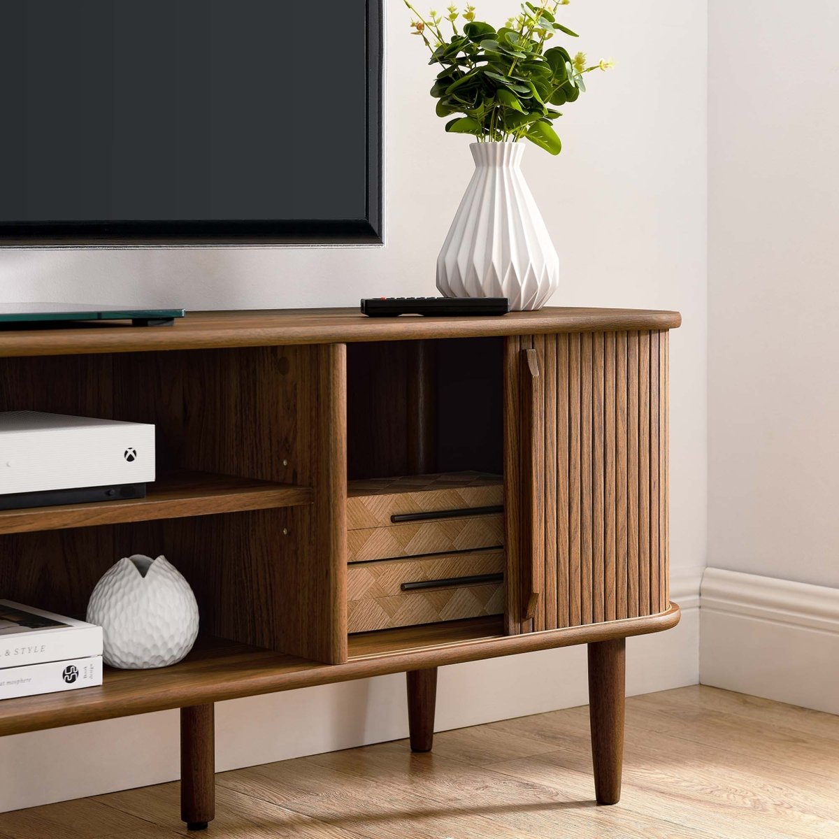 63 Inch Mid - Century Curved Beadboard TV Stand - TV Stands available at Alpine Outlets in Denver