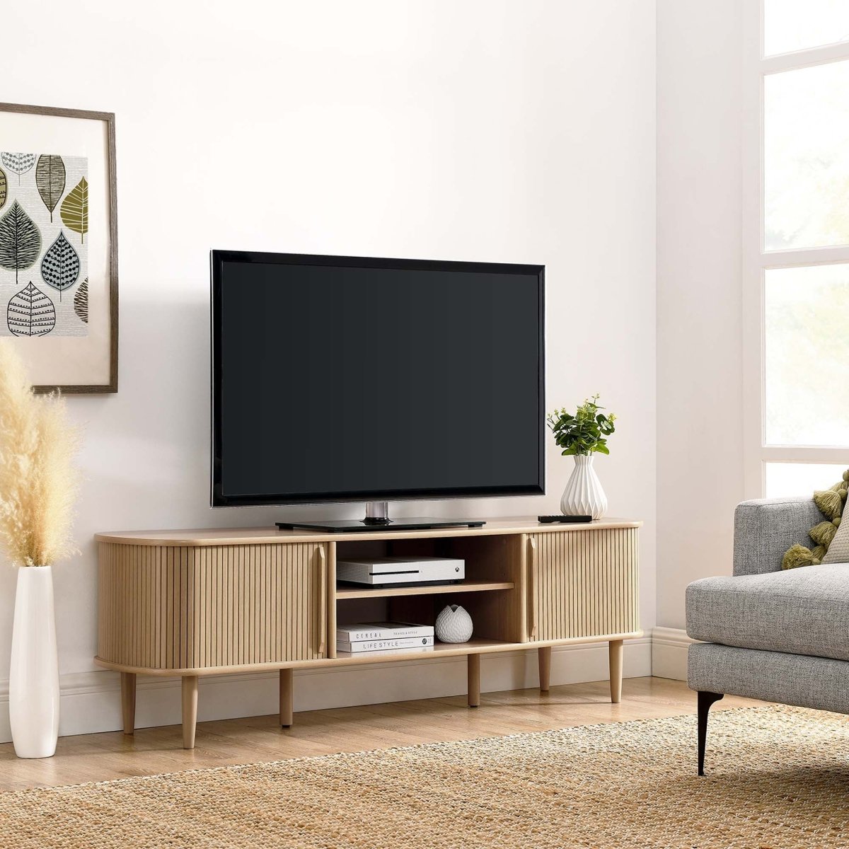63 Inch Mid - Century Curved Beadboard TV Stand - TV Stands available at Alpine Outlets in Denver