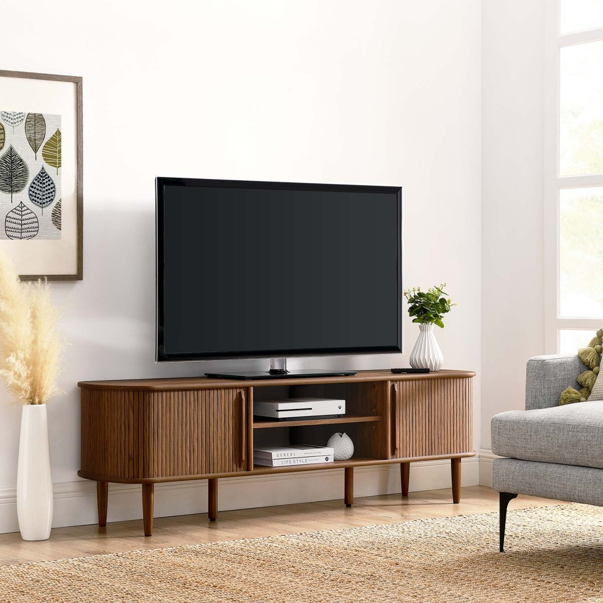 63 Inch Mid - Century Curved Beadboard TV Stand - TV Stands available at Alpine Outlets in Denver