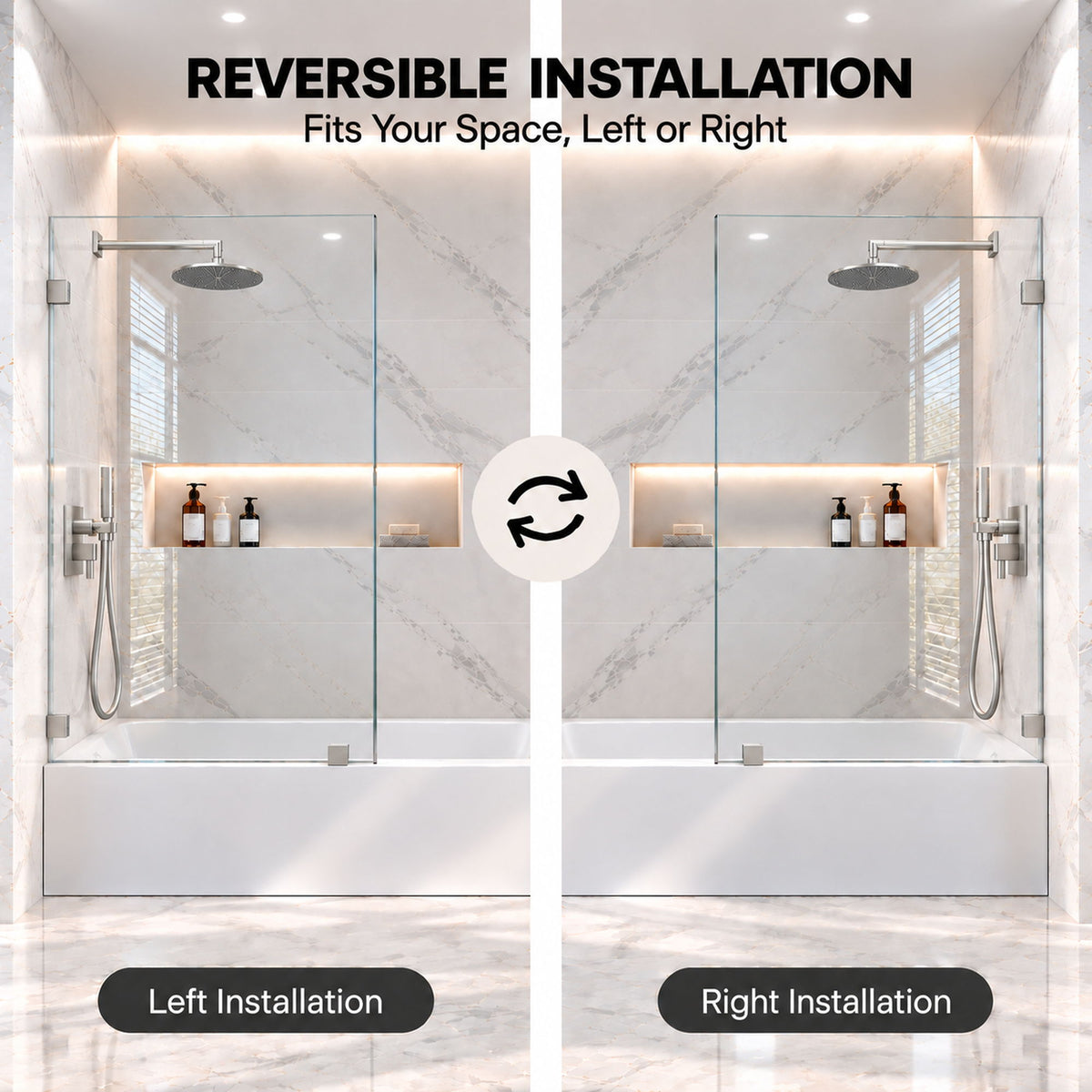 Frameless Bathtub Shower Screen, Reversible Installation