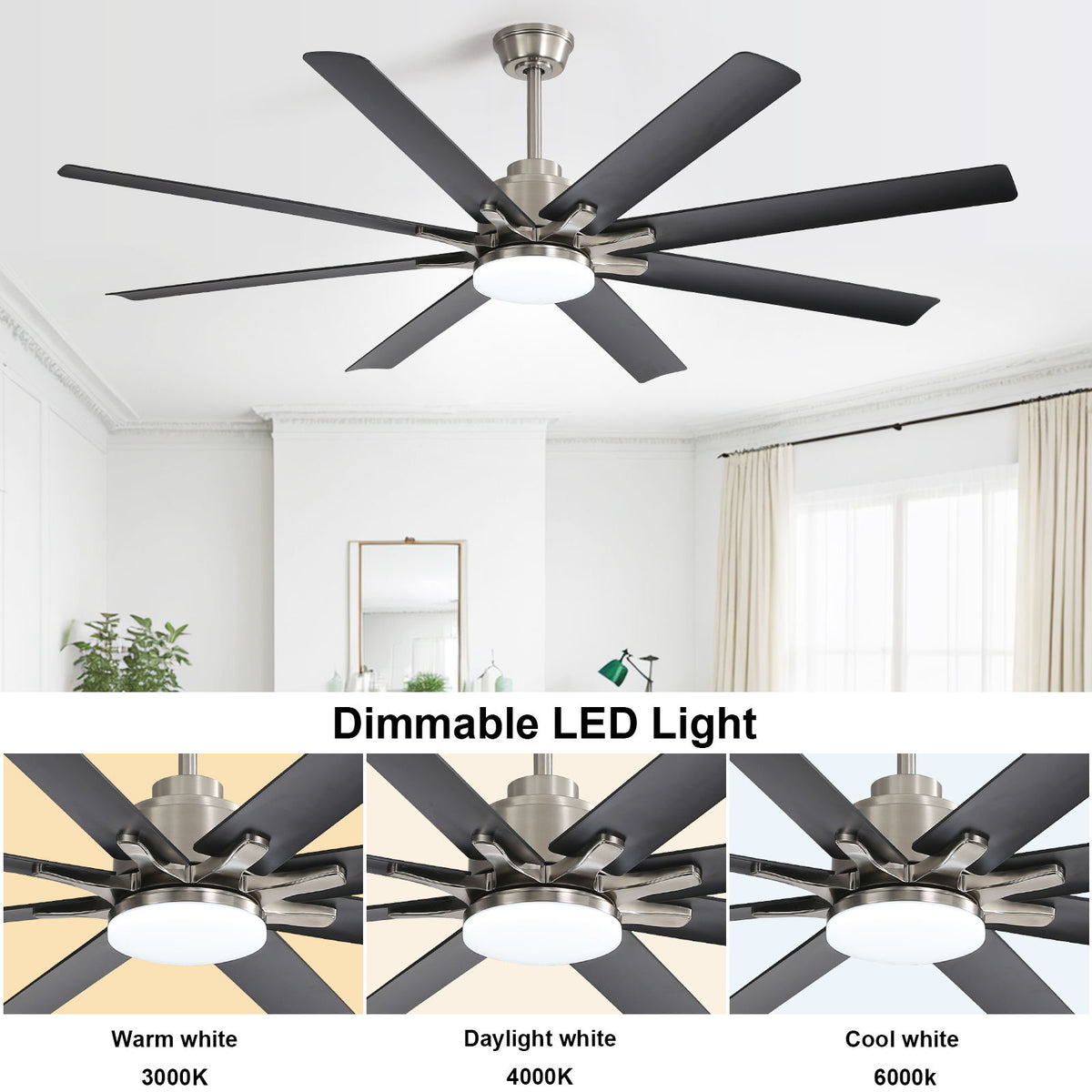 66" Low Profile Ceiling Fan With Dimmable LED Lights, 6 Speed Reversible DC Motor For Indoor - Brushed Nickel