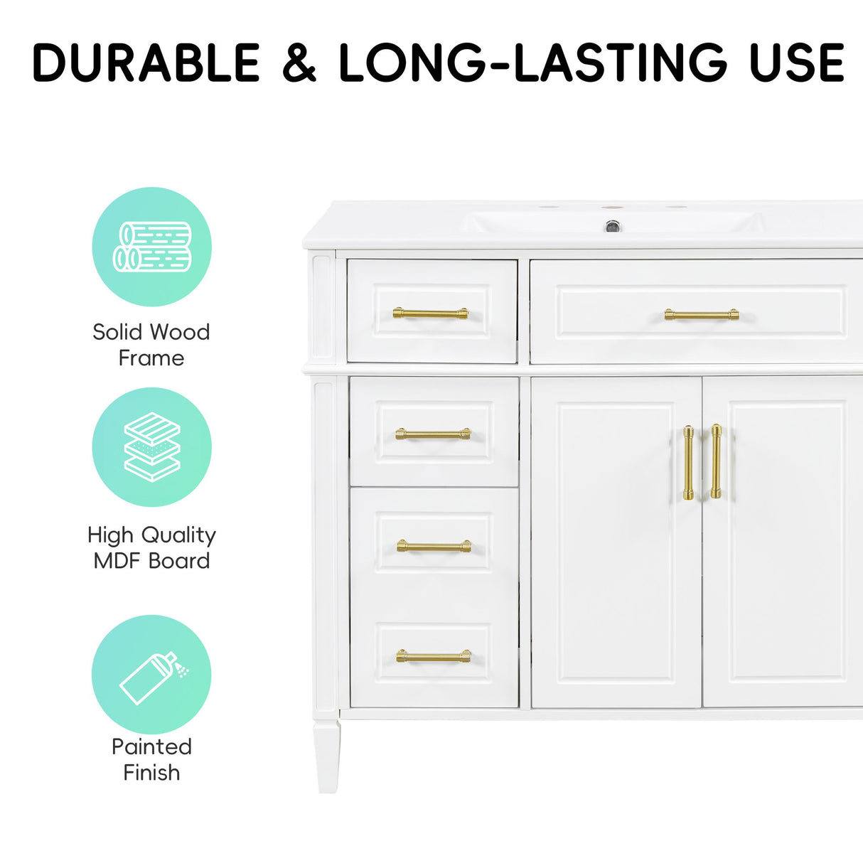 Bathroom Vanity With Sink, 4 Drawers (1 Flip Drawer), 2 Doors & Adjustable Shelf - White