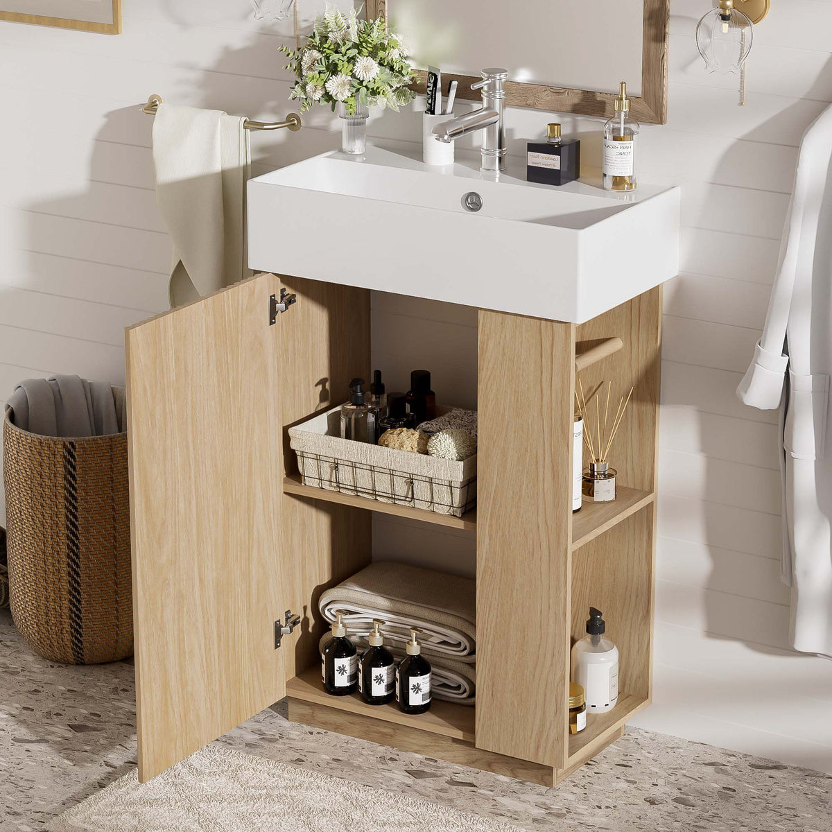 Bathroom Vanity With Sink, Freestanding Wood Grain Cabinet With Storage