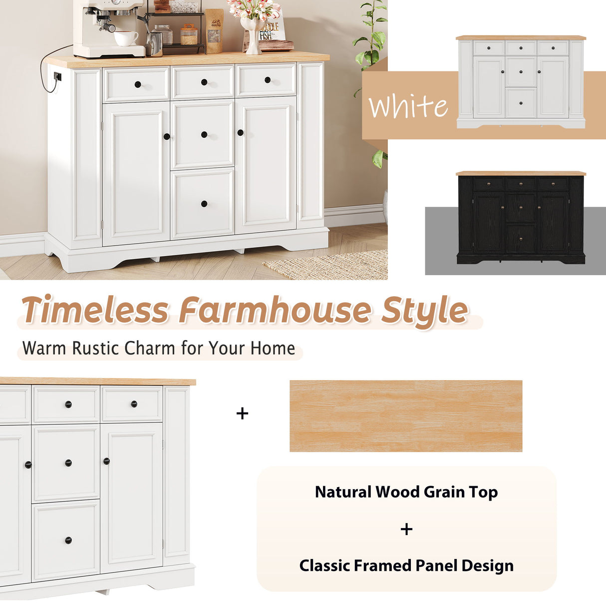 Sideboard Buffet Cabinet With 5 Drawers, 2 Cabinets, Adjustable Shelves, Kitchen Console Table For Dining Room - White
